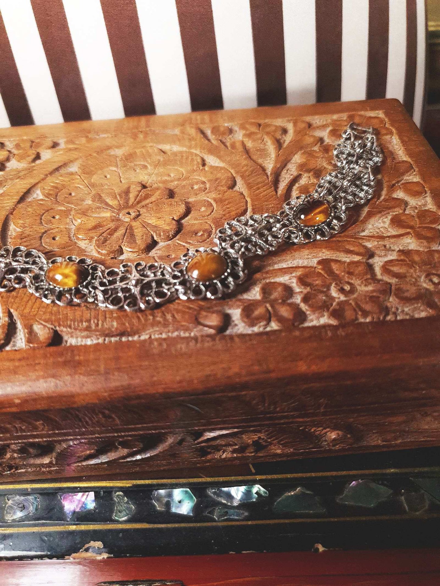 Vintage Tiger's Eye Gemstone Bracelet 1960s Filigree Silver-Tone