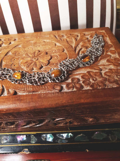 Vintage Tiger's Eye Gemstone Bracelet 1960s Filigree Silver-Tone