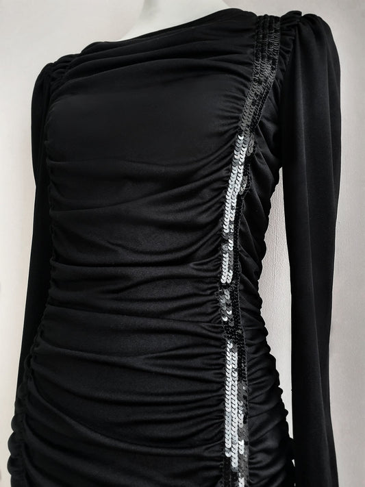 Vintage 1960's Black Party Dress Cocktail Sequin - Size 10 Ruched Glam Party LBD