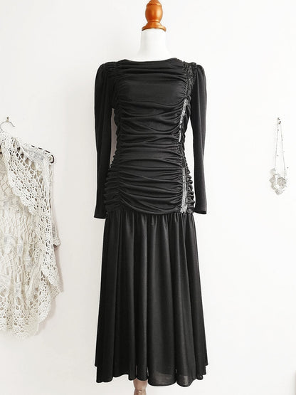 Vintage 1960's Black Party Dress Cocktail Sequin - Size 10 Ruched Glam Party LBD