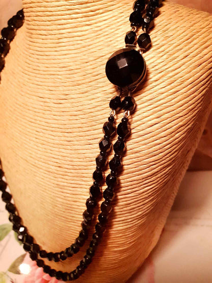 Vintage 1960s French Jet Necklace Double Strand Black Faceted Beads