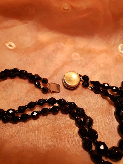 Vintage 1960s French Jet Necklace Double Strand Black Faceted Beads