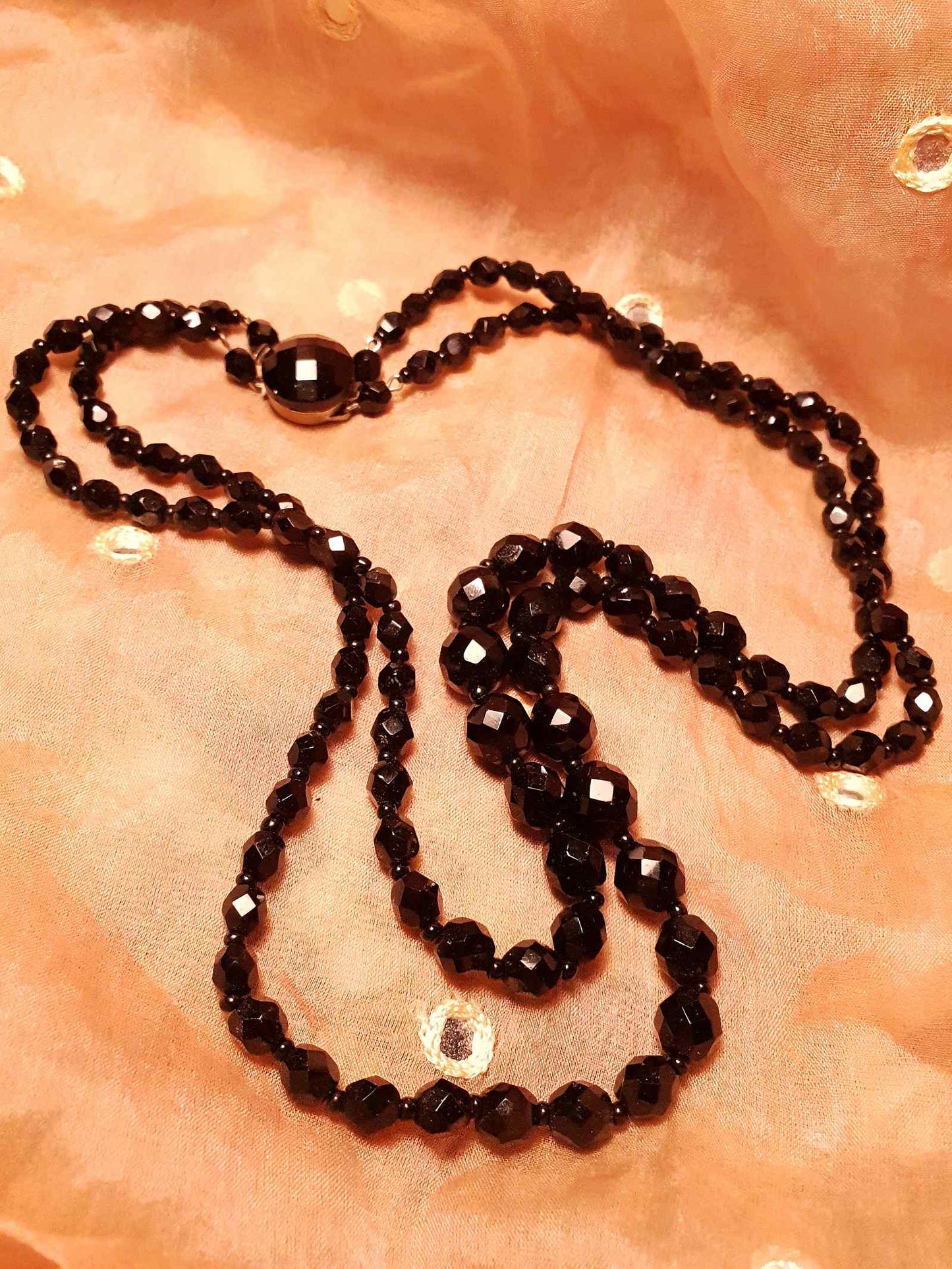 Vintage 1960s French Jet Necklace Double Strand Black Faceted Beads