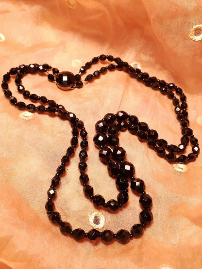 Vintage 1960s French Jet Necklace Double Strand Black Faceted Beads