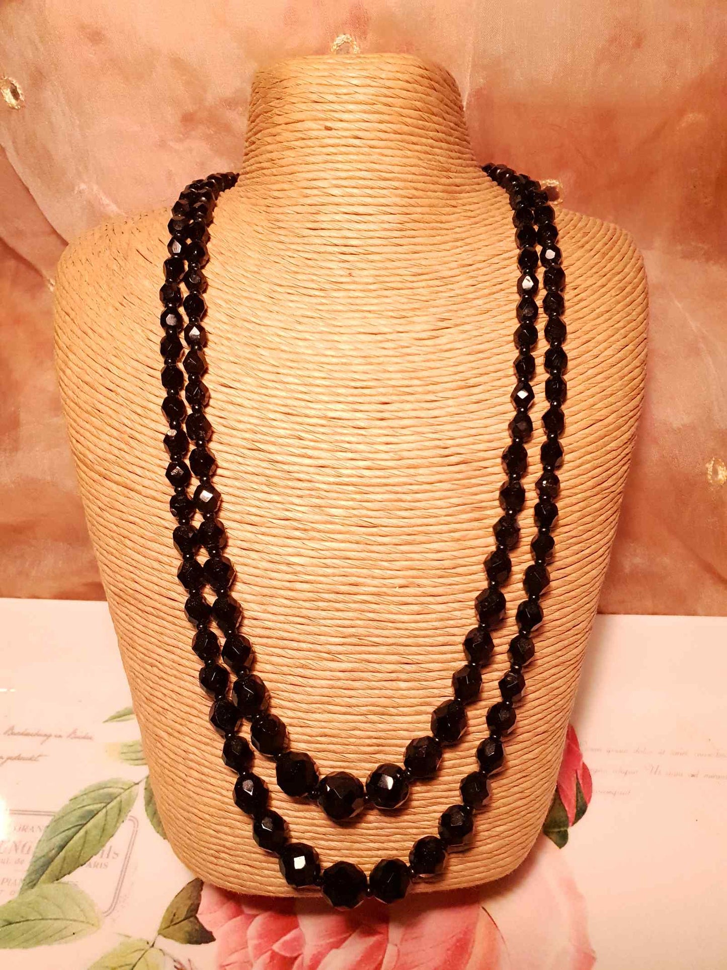 Vintage 1960s French Jet Necklace Double Strand Black Faceted Beads