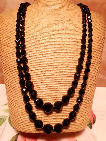 Vintage 1960s French Jet Necklace Double Strand Black Faceted Beads