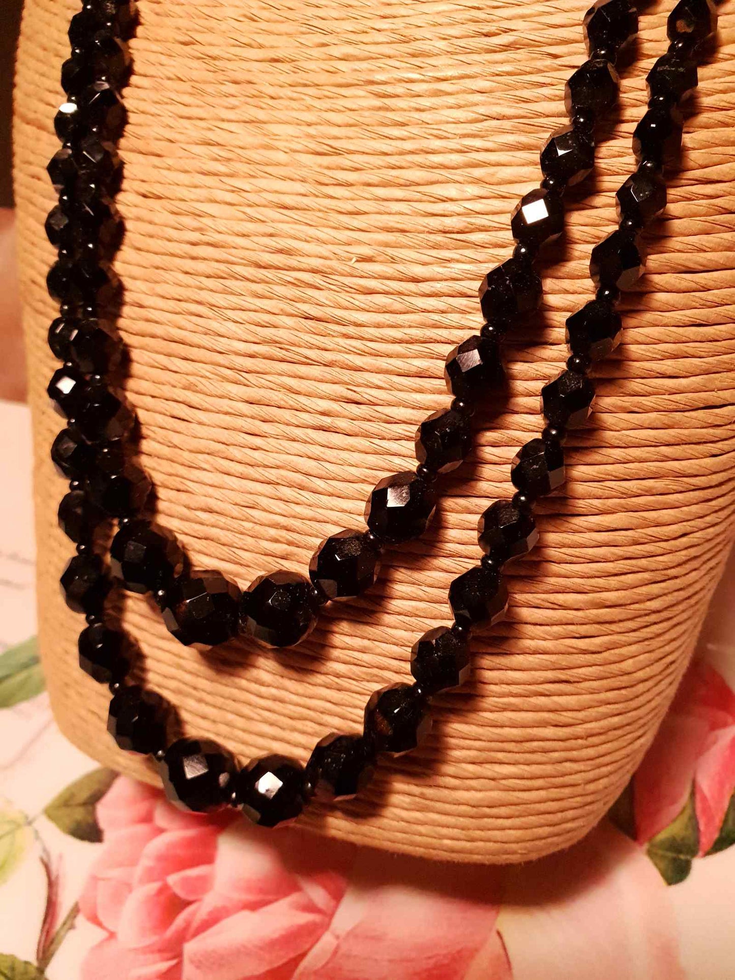 Vintage 1960s French Jet Necklace Double Strand Black Faceted Beads