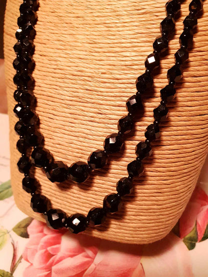 Vintage 1960s French Jet Necklace Double Strand Black Faceted Beads