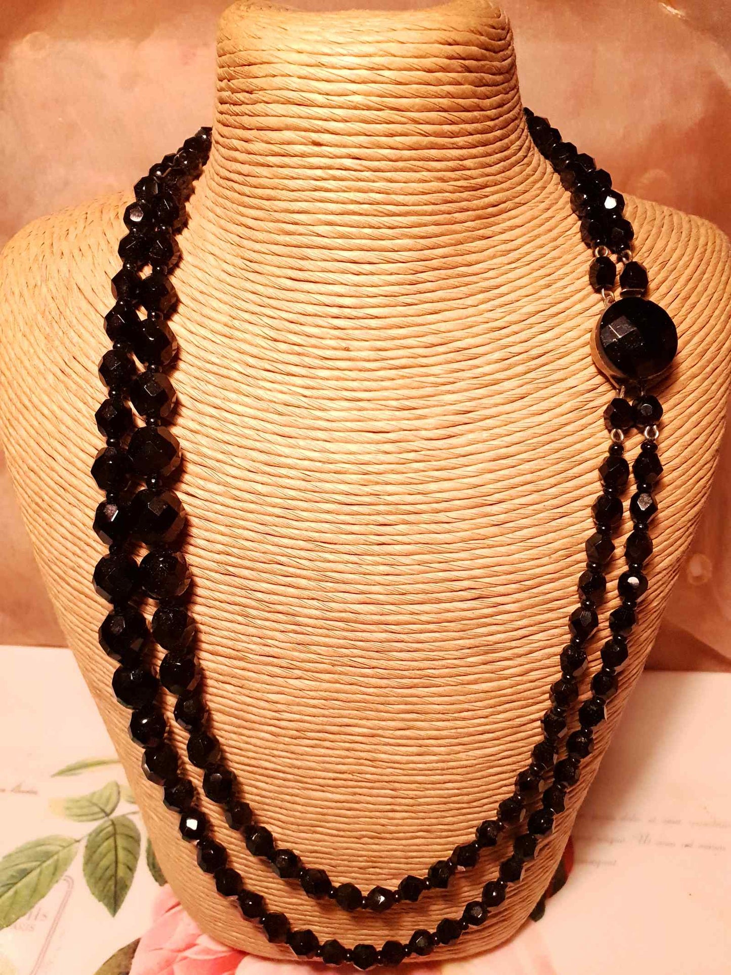 Vintage 1960s French Jet Necklace Double Strand Black Faceted Beads