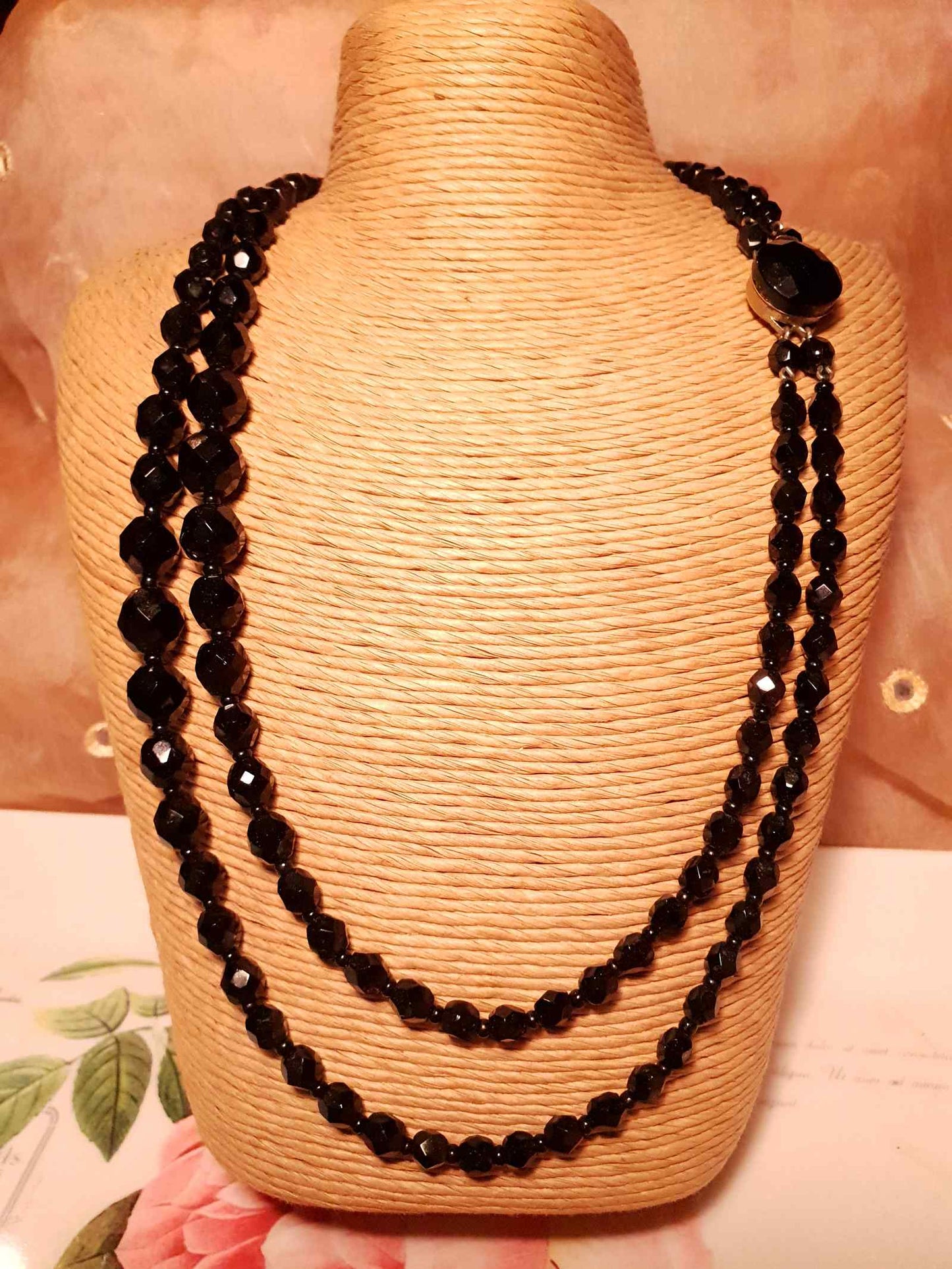 Vintage 1960s French Jet Necklace Double Strand Black Faceted Beads