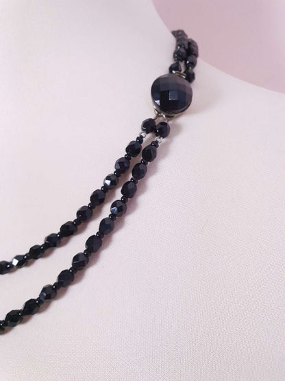 Vintage 1960s French Jet Necklace Double Strand Black Faceted Beads