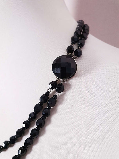 Vintage 1960s French Jet Necklace Double Strand Black Faceted Beads