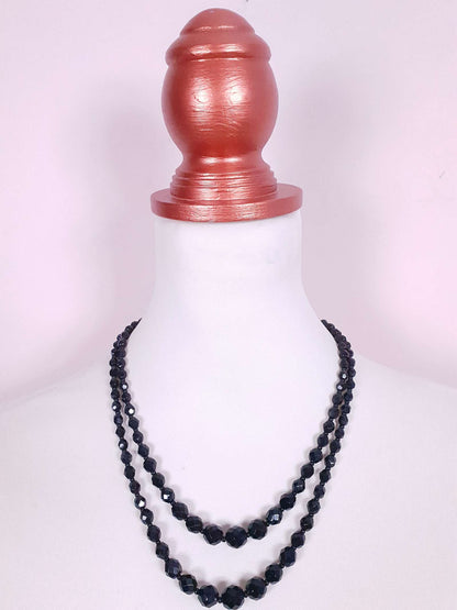 Vintage 1960s French Jet Necklace Double Strand Black Faceted Beads