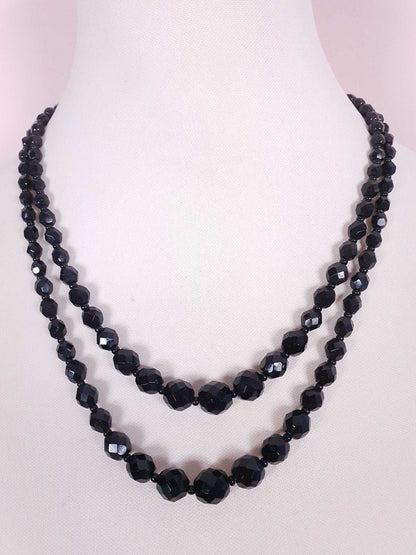 Vintage 1960s French Jet Necklace Double Strand Black Faceted Beads