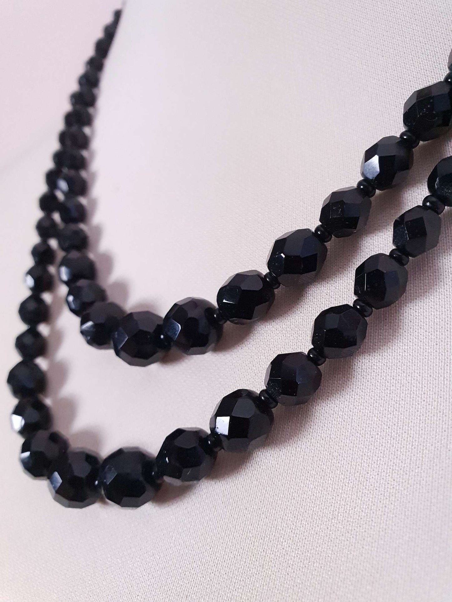 Vintage 1960s French Jet Necklace Double Strand Black Faceted Beads