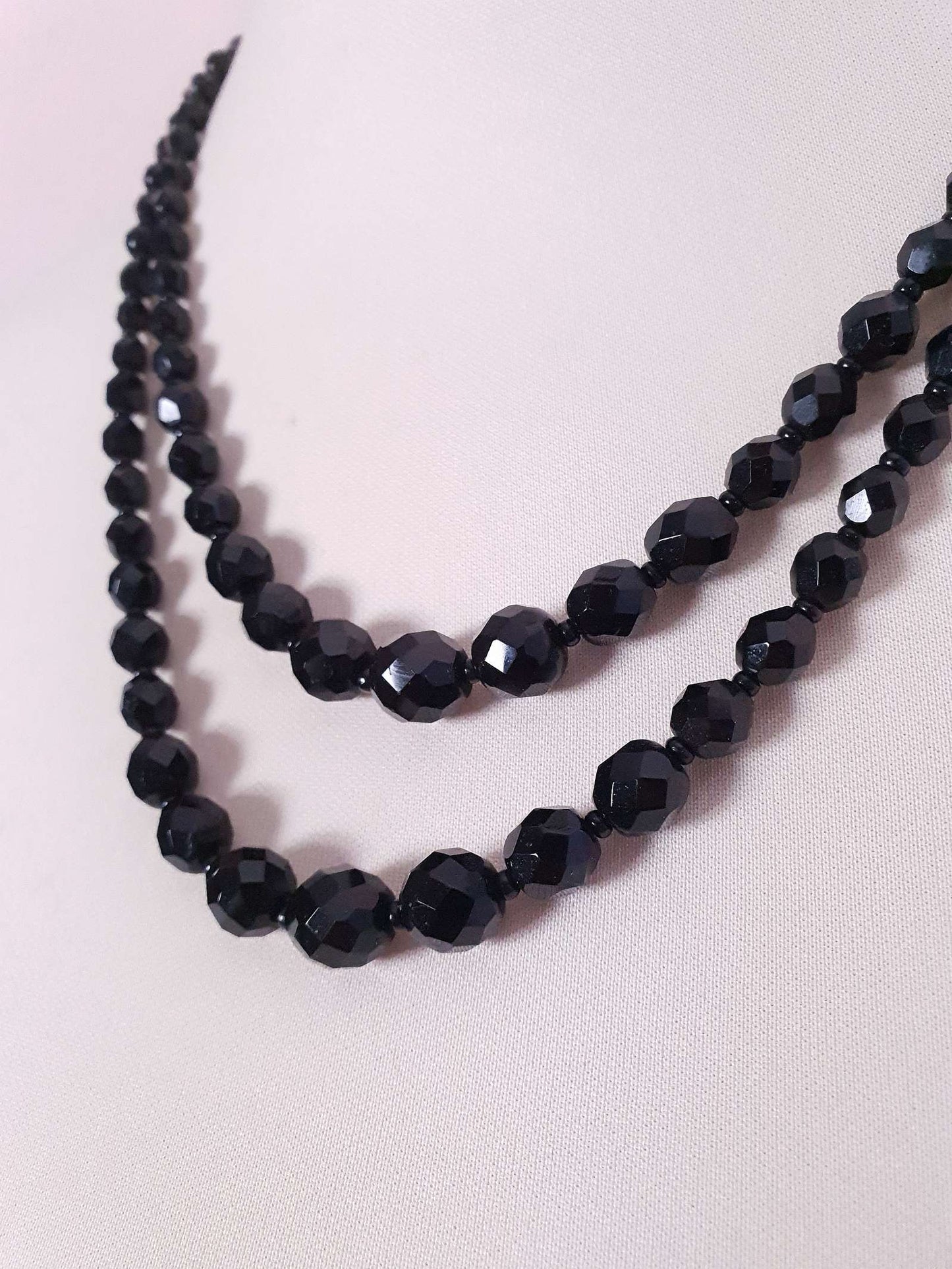 Vintage 1960s French Jet Necklace Double Strand Black Faceted Beads