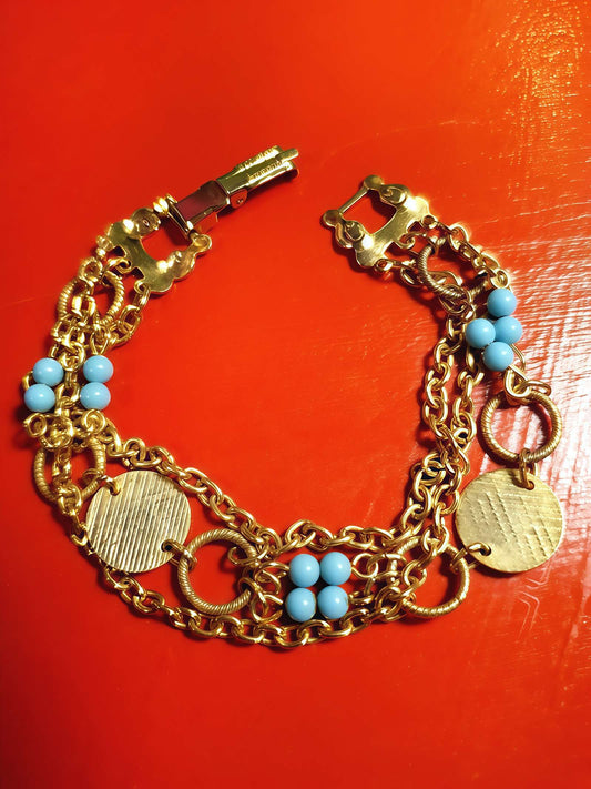 Vintage 1960s Boho Bracelet Blue Bead Bohemian Gold Tone Chain