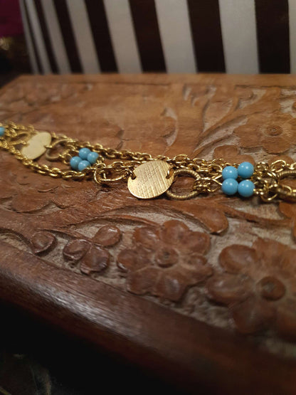 Vintage 1960s Boho Bracelet Blue Bead Bohemian Gold Tone Chain