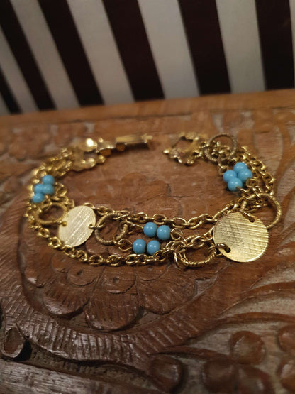 Vintage 1960s Boho Bracelet Blue Bead Bohemian Gold Tone Chain