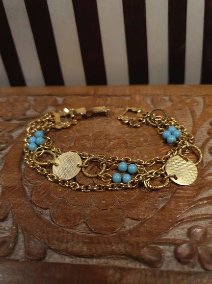 Vintage 1960s Boho Bracelet Blue Bead Bohemian Gold Tone Chain