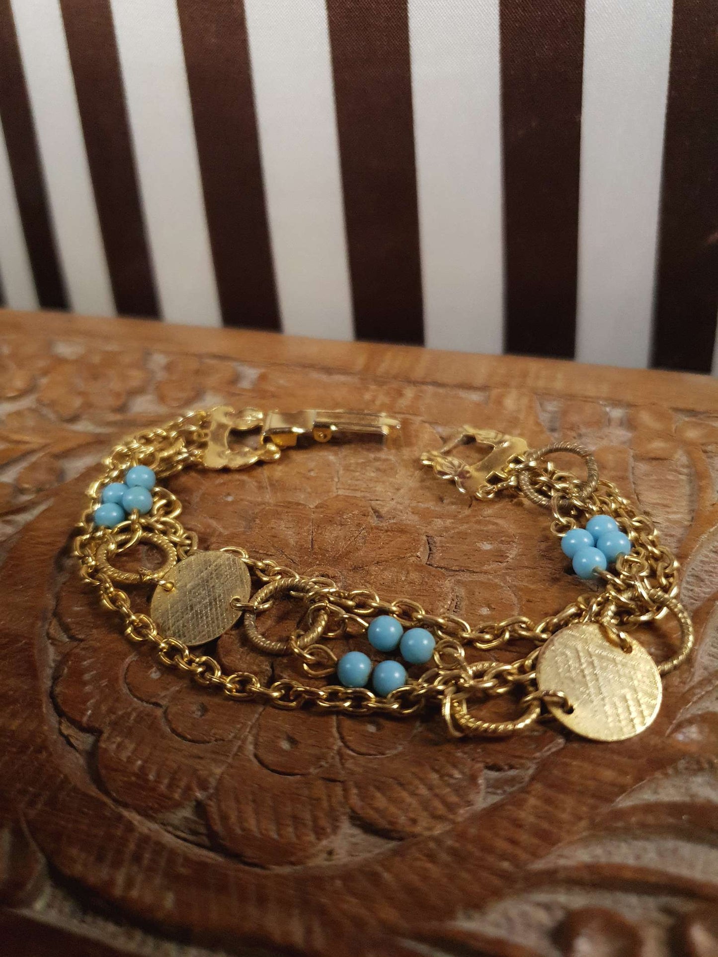 Vintage 1960s Boho Bracelet Blue Bead Bohemian Gold Tone Chain