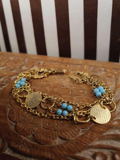 Vintage 1960s Boho Bracelet Blue Bead Bohemian Gold Tone Chain