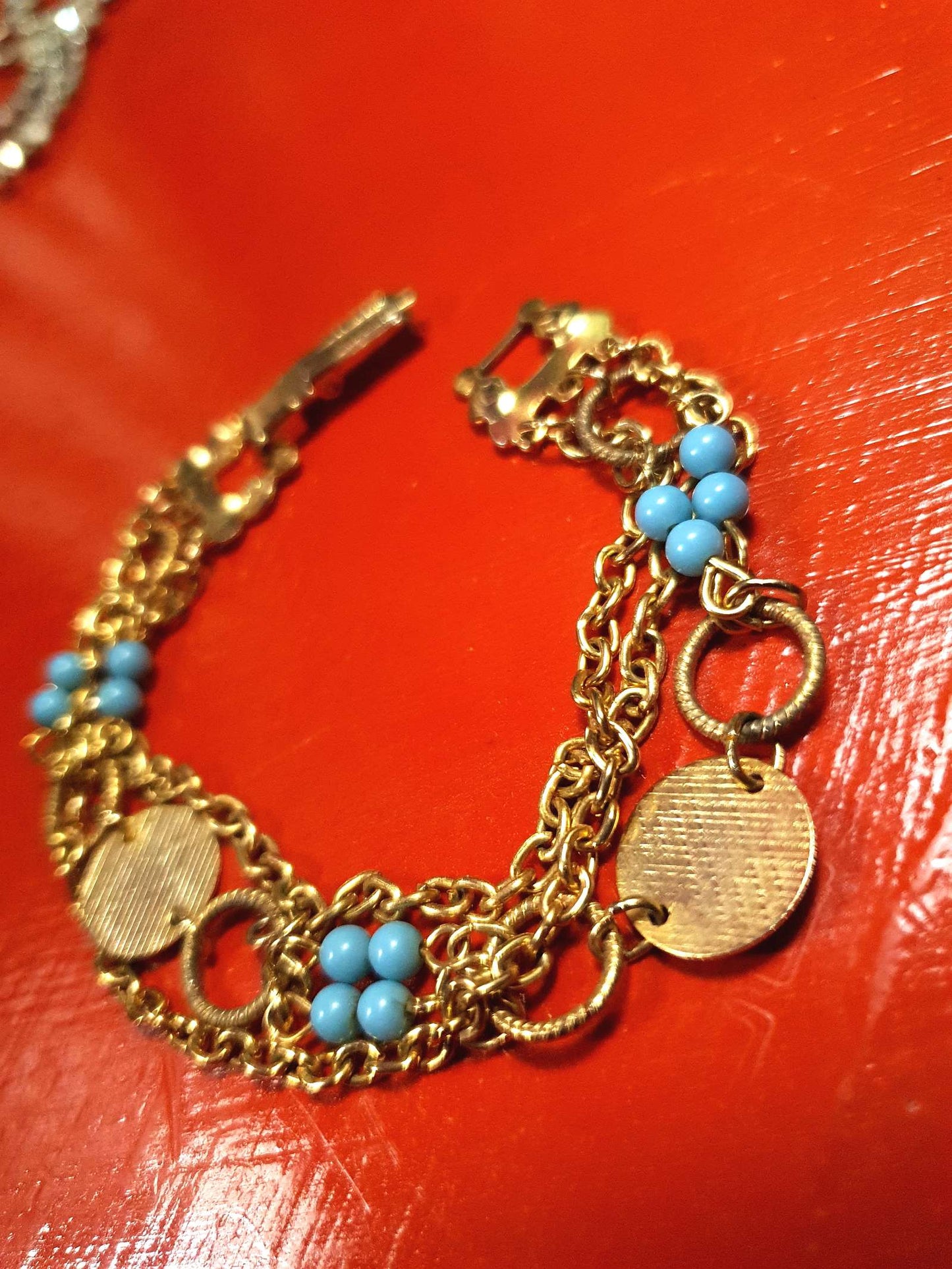 Vintage 1960s Boho Bracelet Blue Bead Bohemian Gold Tone Chain