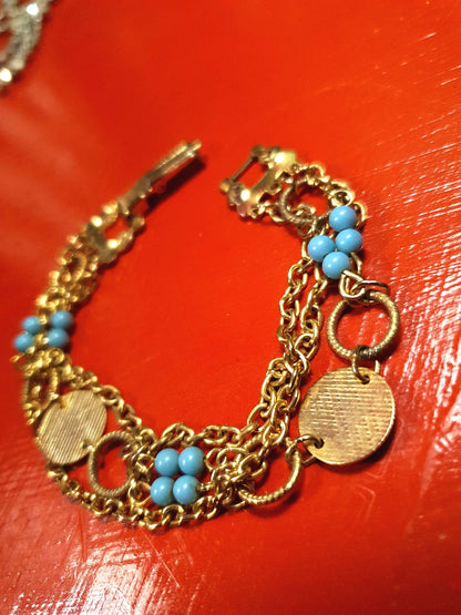 Vintage 1960s Boho Bracelet Blue Bead Bohemian Gold Tone Chain