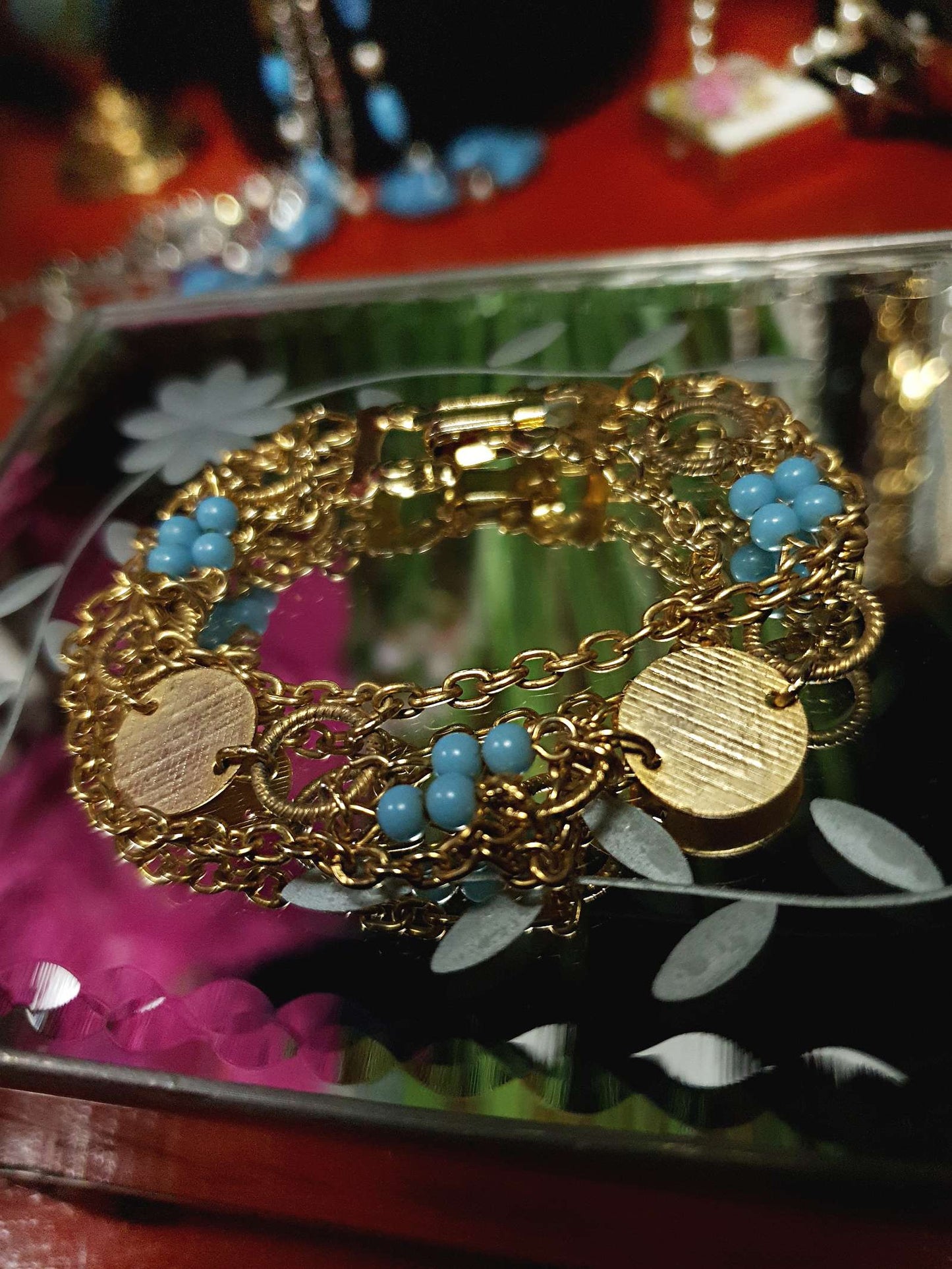 Vintage 1960s Boho Bracelet Blue Bead Bohemian Gold Tone Chain