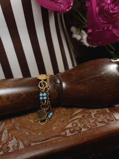 Vintage 1960s Boho Bracelet Blue Bead Bohemian Gold Tone Chain