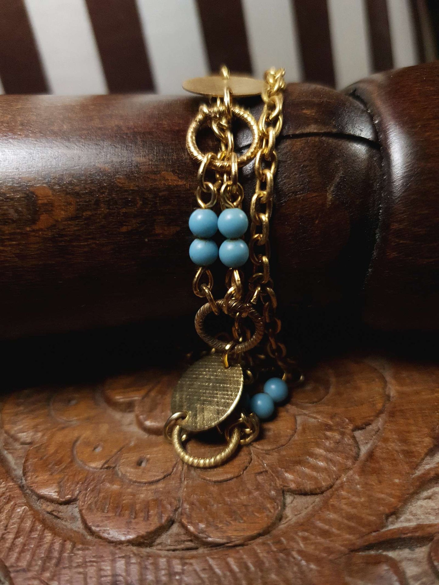Vintage 1960s Boho Bracelet Blue Bead Bohemian Gold Tone Chain