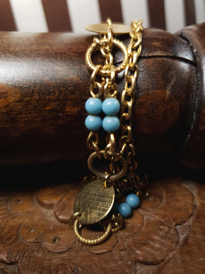 Vintage 1960s Boho Bracelet Blue Bead Bohemian Gold Tone Chain