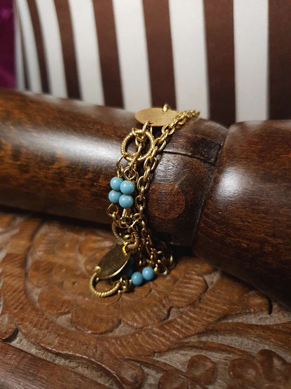Vintage 1960s Boho Bracelet Blue Bead Bohemian Gold Tone Chain