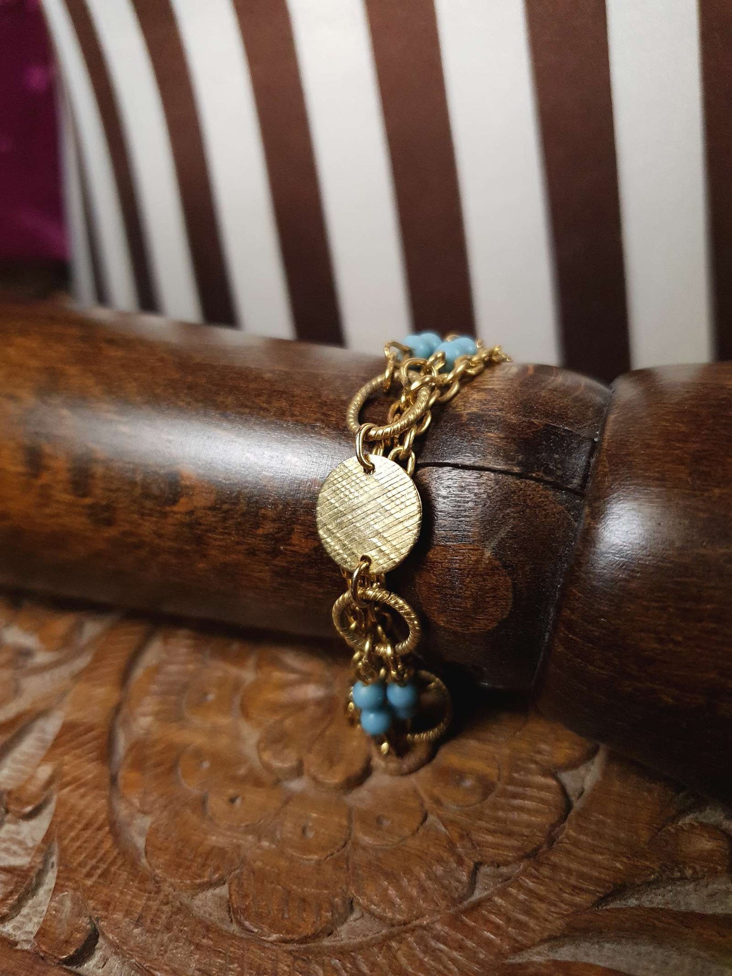 Vintage 1960s Boho Bracelet Blue Bead Bohemian Gold Tone Chain