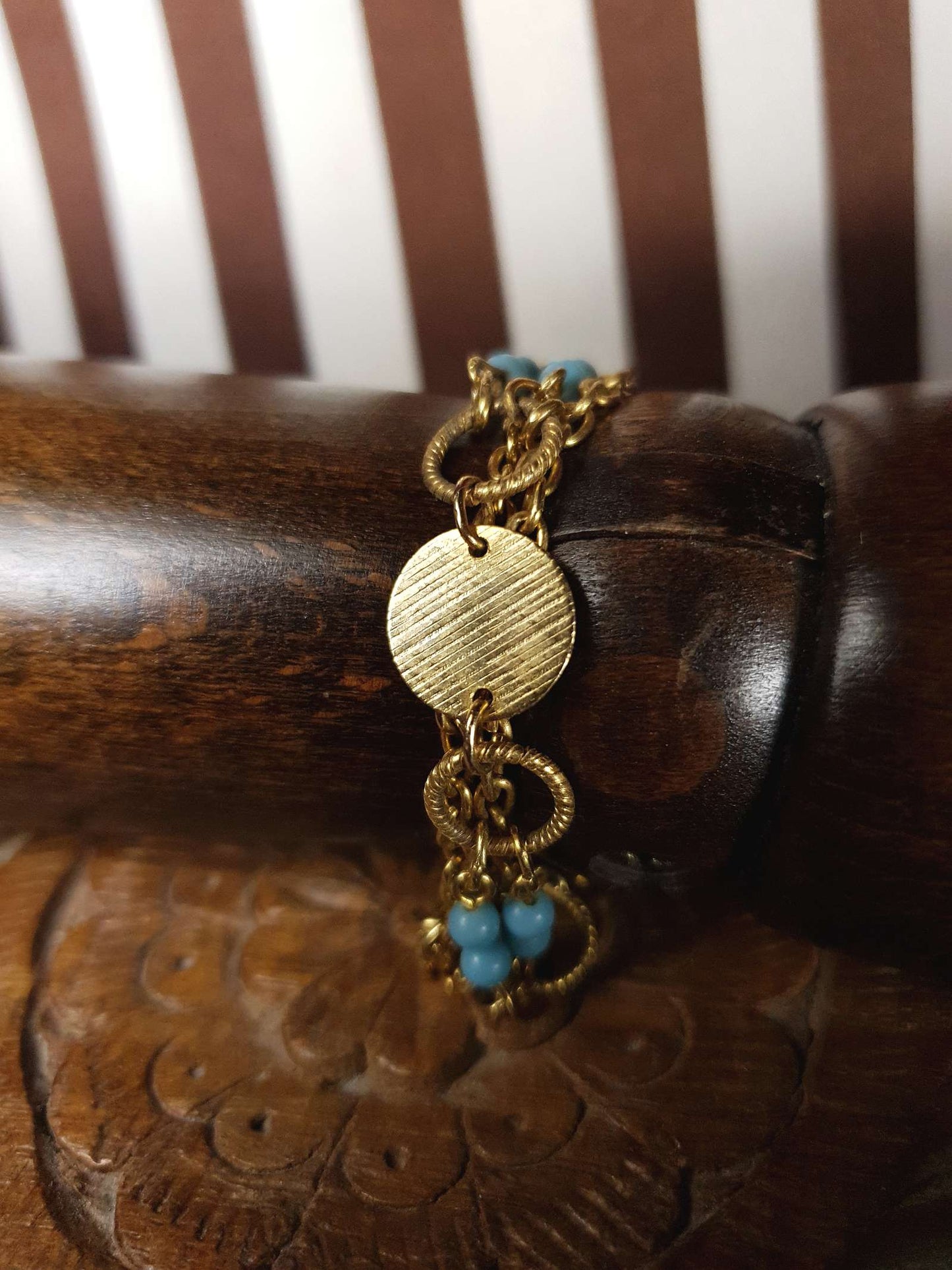 Vintage 1960s Boho Bracelet Blue Bead Bohemian Gold Tone Chain