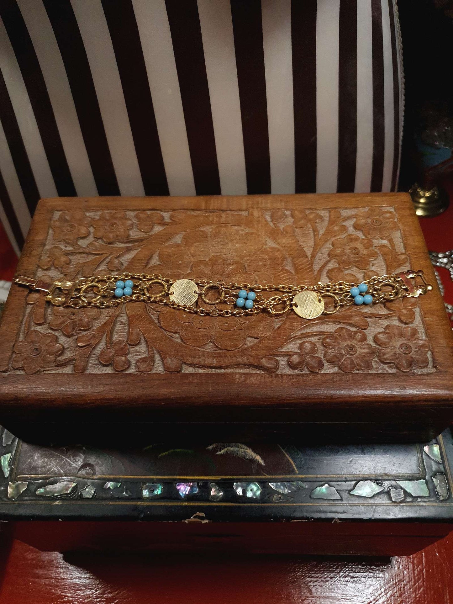 Vintage 1960s Boho Bracelet Blue Bead Bohemian Gold Tone Chain