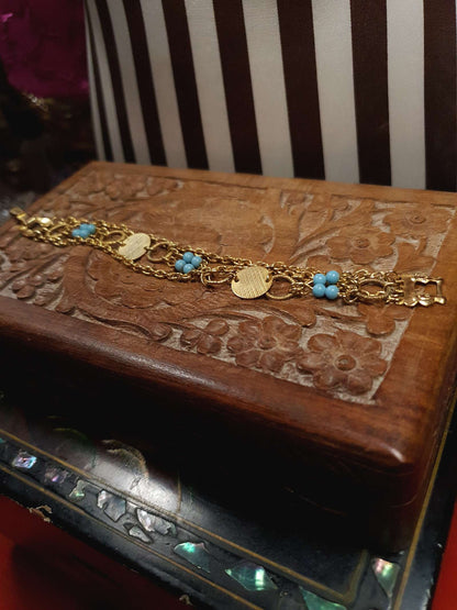 Vintage 1960s Boho Bracelet Blue Bead Bohemian Gold Tone Chain