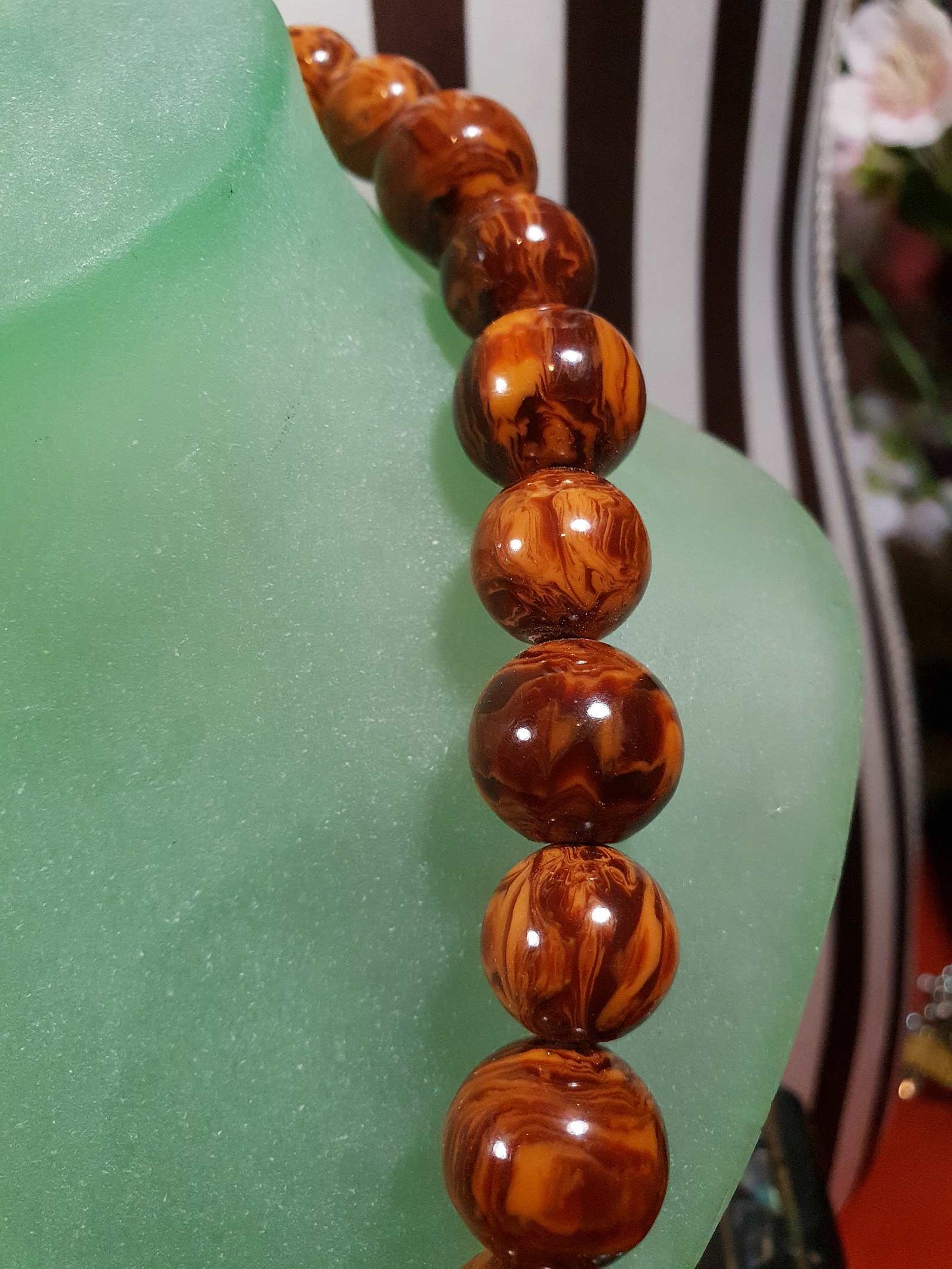 Vintage Brown Marbled Resin Necklace 21" Boho 1960s Bohemian Retro