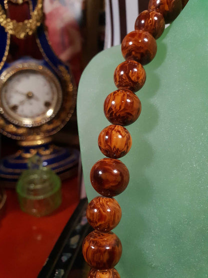 Vintage Brown Marbled Resin Necklace 21" Boho 1960s Bohemian Retro
