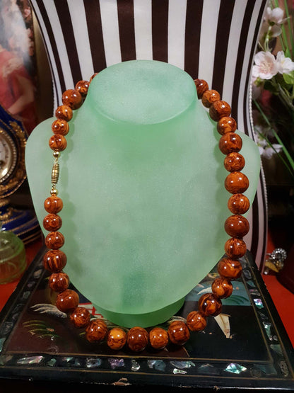 Vintage Brown Marbled Resin Necklace 21" Boho 1960s Bohemian Retro