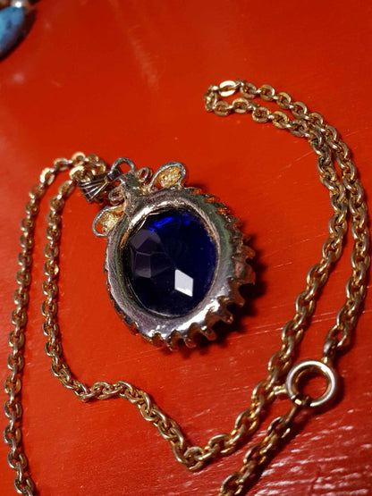 Vintage 1960s Rhinestone Pendant Necklace 18" Cobalt Blue Faux Pearl Gold Tone