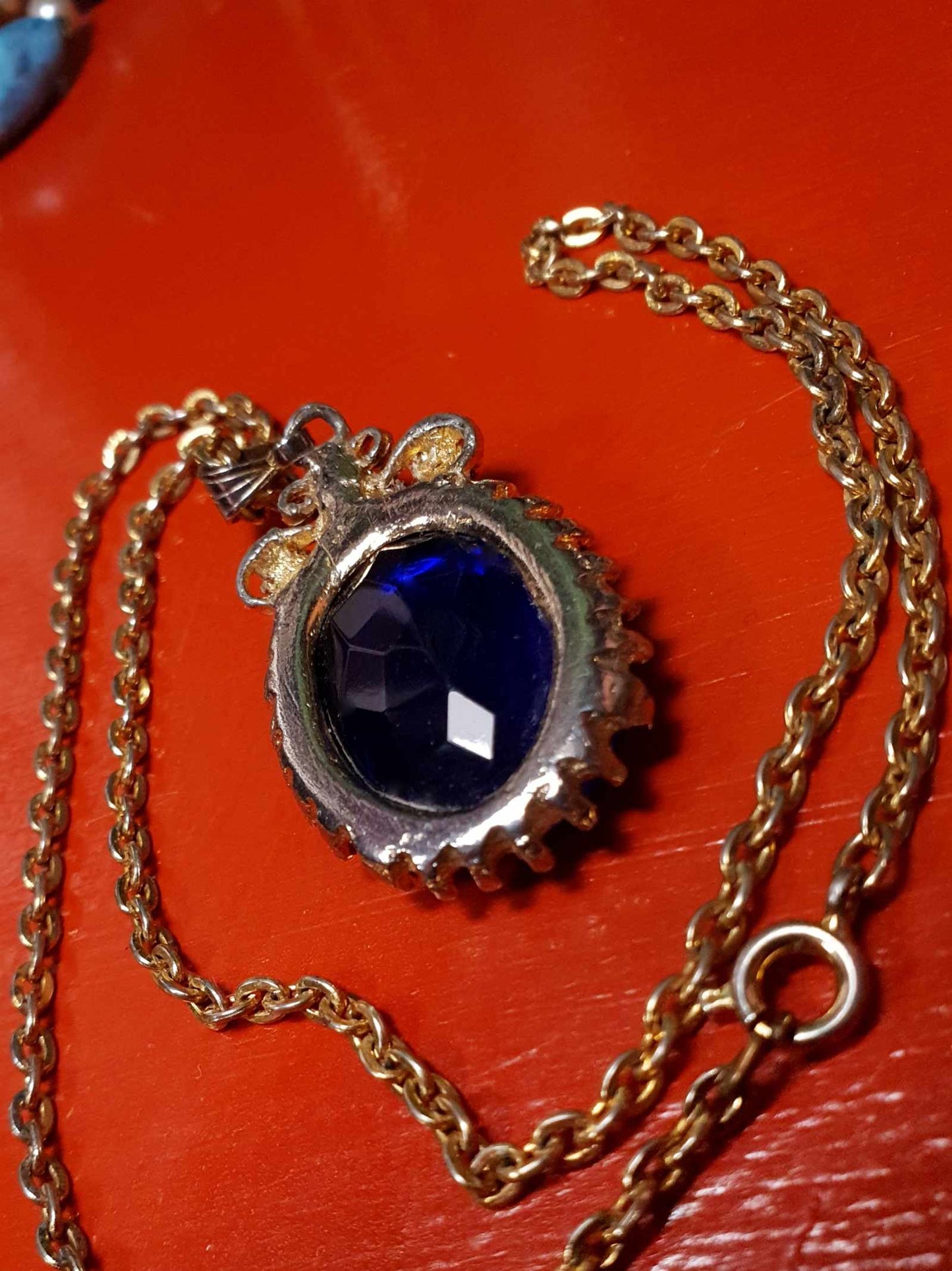 Vintage 1960s Rhinestone Pendant Necklace 18" Cobalt Blue Faux Pearl Gold Tone