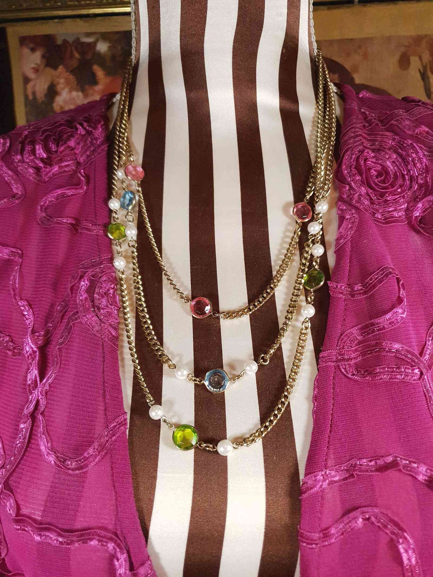 Vintage 1960s Crystal Necklace Pearl Three Tier Layered Gold Tone Curb Chain