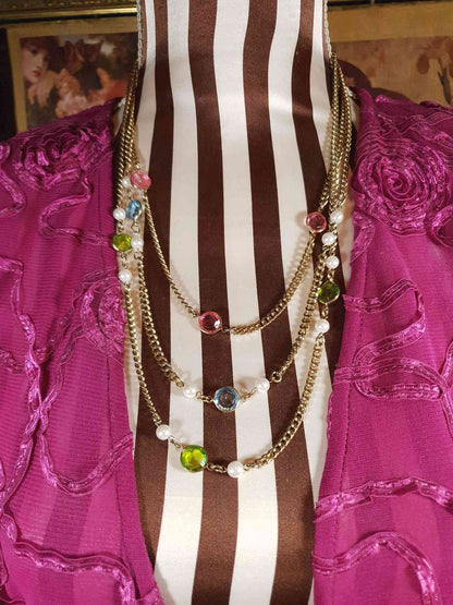 Vintage 1960s Crystal Necklace Pearl Three Tier Layered Gold Tone Curb Chain