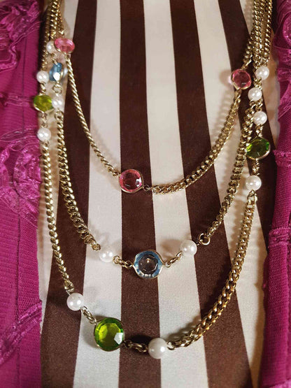 Vintage 1960s Crystal Necklace Pearl Three Tier Layered Gold Tone Curb Chain