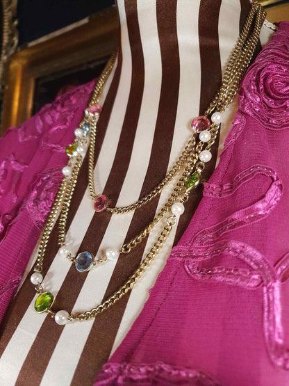Vintage 1960s Crystal Necklace Pearl Three Tier Layered Gold Tone Curb Chain