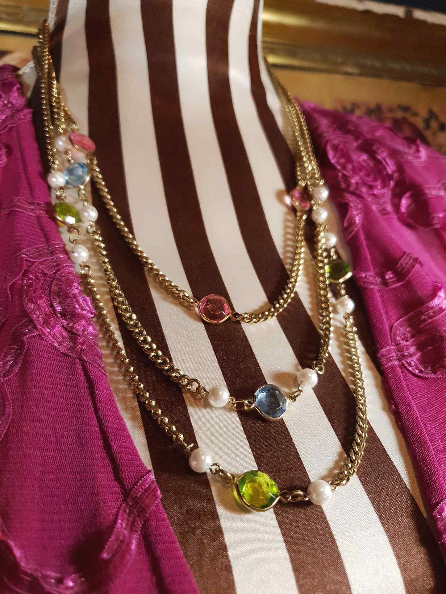 Vintage 1960s Crystal Necklace Pearl Three Tier Layered Gold Tone Curb Chain