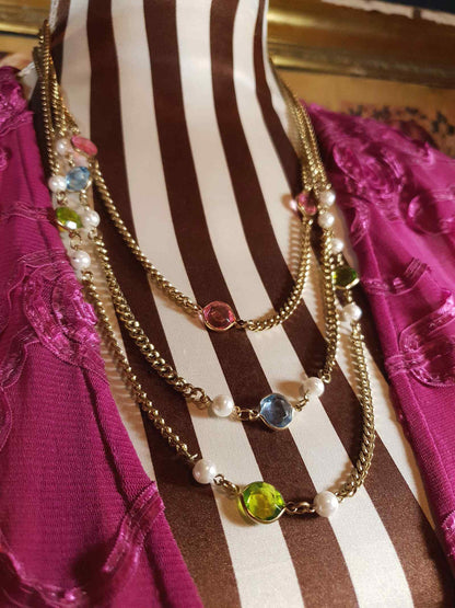 Vintage 1960s Crystal Necklace Pearl Three Tier Layered Gold Tone Curb Chain
