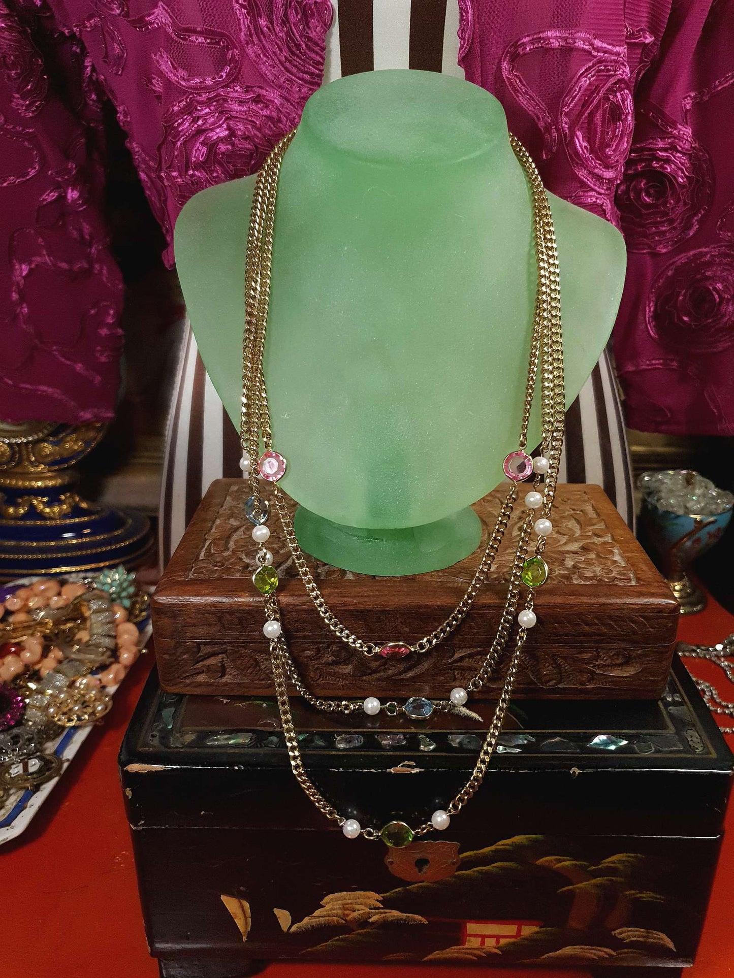 Vintage 1960s Crystal Necklace Pearl Three Tier Layered Gold Tone Curb Chain