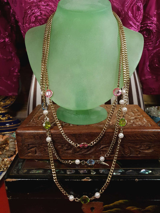 Vintage 1960s Crystal Necklace Pearl Three Tier Layered Gold Tone Curb Chain